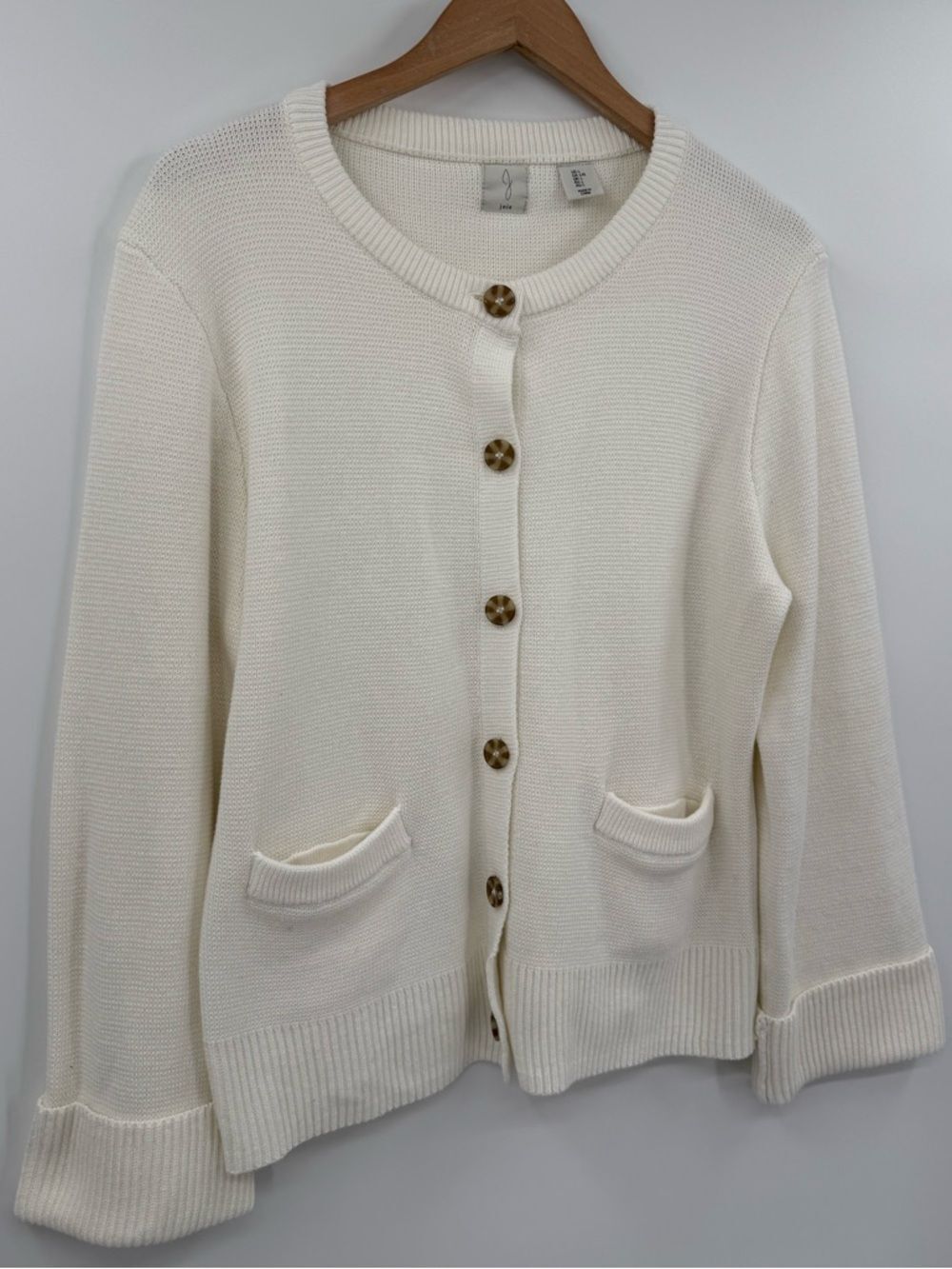 Joie Cotton Button Front Rolled Cuff Cardigan | Ivory | Large